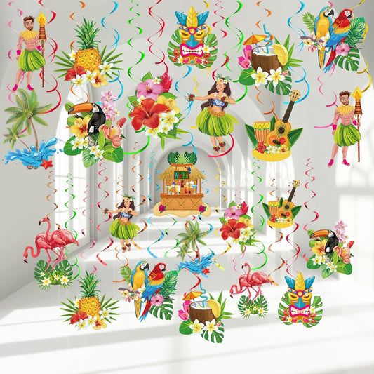 Outus 30 Pieces Hawaiian Luau Birthday Party Hanging Swirl Decorations, Flower Tropical Palm Flamingo Sign Foil Ceiling Decor for Floral Tropical Party Summer Beach Pool Tiki Supplies(Summer)