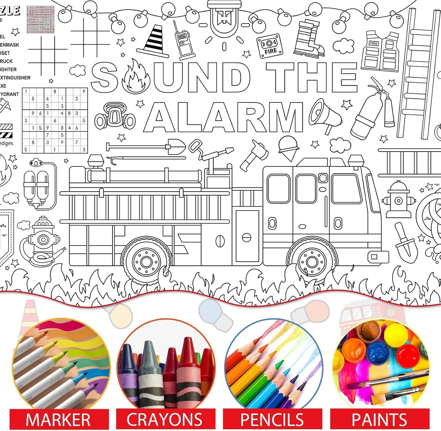 Naozinebi Fire Truck Giant Coloring Poster Large Firefighter Drawing Paper Coloring Tablecloth Rescue Vehicle Game Poster Table Cover Kids Art Craft Coloring Mat Home Pirate Party Supplies