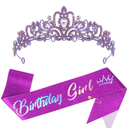 CIEHER Birthday Girl Crown and Sash - Rose Gold Tiara Birthday Decorations for Women and Girls