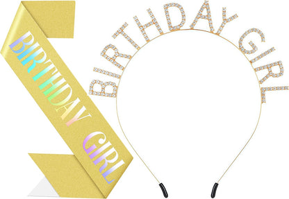 Birthday Headband with Sash for Women, Birthday Crwon Tiara for Decorations