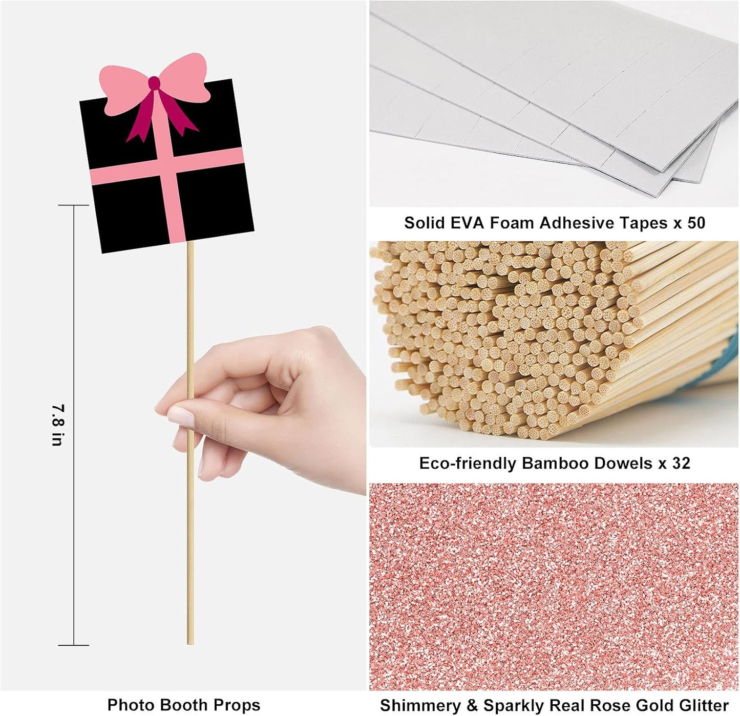 Birthday Photo Booth Props Kit - Happy Birthday Party Favors Supplies Bday Party Decoration Set with Real Glitter Cute Bday Designs for Women - Easy to Assemble 30 Pieces (Rose Gold)
