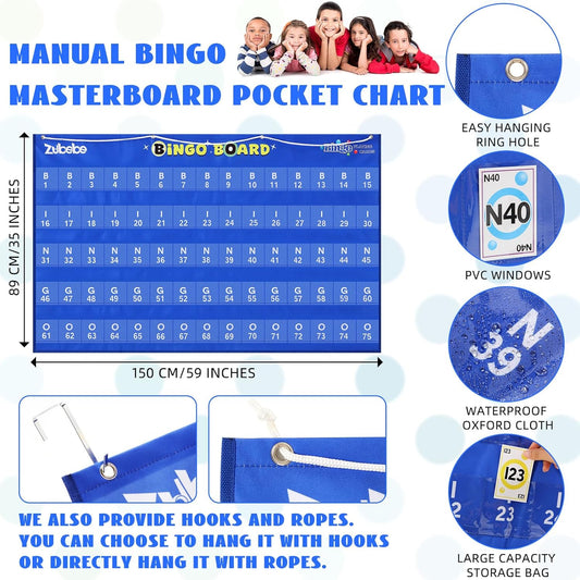 Zubebe 2 Pack Manual Bingo Masterboard Pocket Chart with Bingo Calling Cards Deck Reusable 59×35 Giant Bingo Poster with 75 Pockets for Family Number Bingo for Adults Large Board Groups