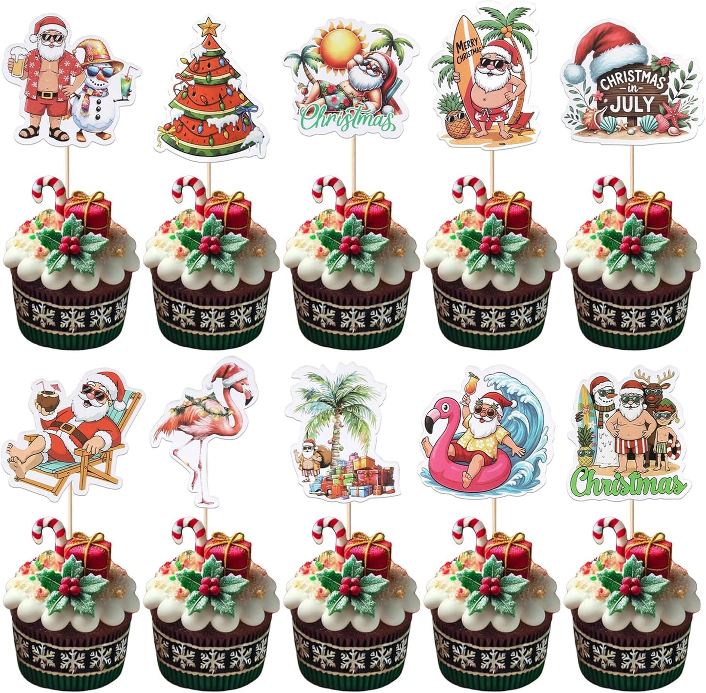 28 PCS Tropical Cupcake Toppers Glitter Leaf Pineapple Flower Palm Tree Flamingo Cupcake Picks Aloha Cake Decorations for Summer Hawaiian Luau Theme Baby Shower Birthday Wedding Party Supplies