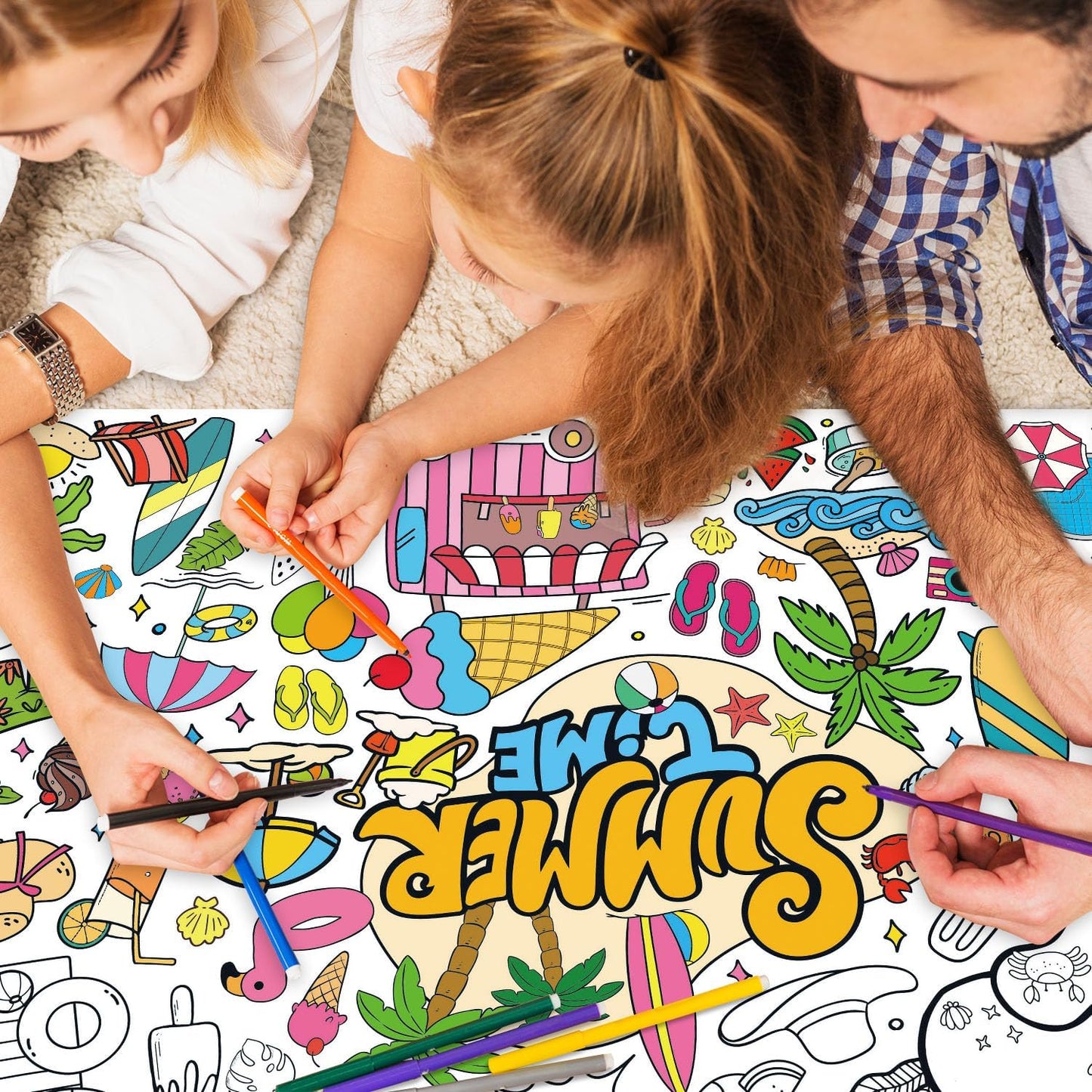 43.3x31.5 Summer Coloring Poster with Picture, Giant Cute Painting Poster, Large Coloring Tablecloth for Classroom Home Birthday Party Supplies Favor