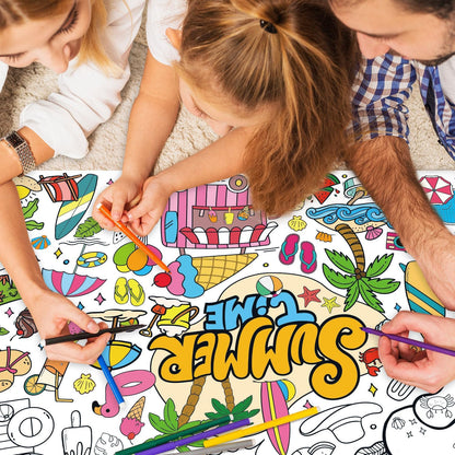 43.3x31.5 Summer Coloring Poster with Picture, Giant Cute Painting Poster, Large Coloring Tablecloth for Classroom Home Birthday Party Supplies Favor