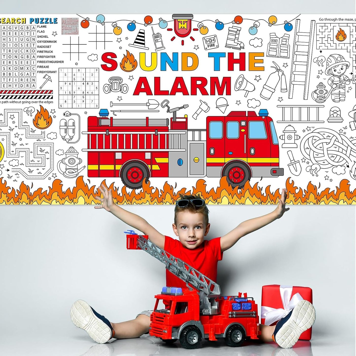 Naozinebi Fire Truck Giant Coloring Poster Large Firefighter Drawing Paper Coloring Tablecloth Rescue Vehicle Game Poster Table Cover Kids Art Craft Coloring Mat Home Pirate Party Supplies