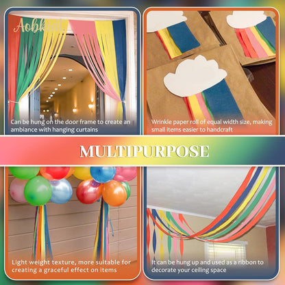 AOBKIAT Colorful Streamers Party Decorations,5 Rolls Vintage Rainbow Crepe Paper Streamers for Birthday,Candyland Theme Baby Shower,Fiesta,Wedding,Christmas,DIY Craft Crepe Paper,1.8 Inch x 82 Ft/Roll