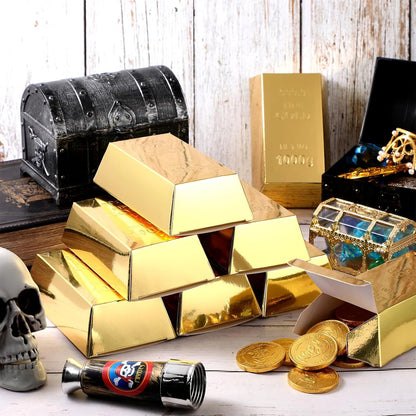 Honoson 24 Pcs Gold Bar Fake Gift Box Foil Gold Bar Party Favor Boxes Paper Golden Favor Boxes Treasure Brick for Pirate Casino Theme Party Decorations Candy Treats Chocolate Toys, 5.5 x 3.2 Inches