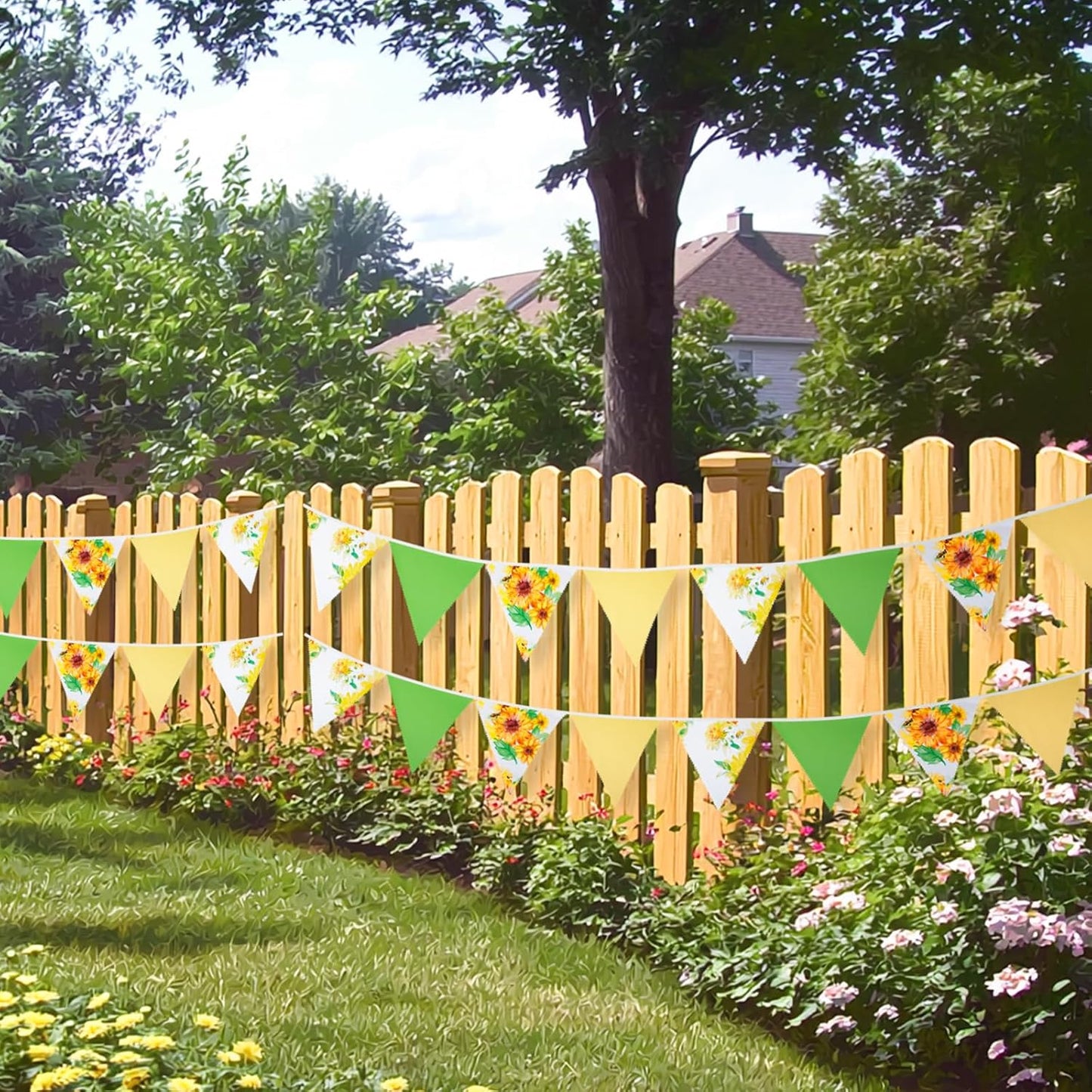 G2PLUS 39Ft Triangle Bunting Banner, 42Pcs Pink Floral Garland Pennant Banner, Reusable Cotton Triangle Flags Party Decoration for Birthday, Wedding, Garden Tea Party, Baby Shower, Room Decor