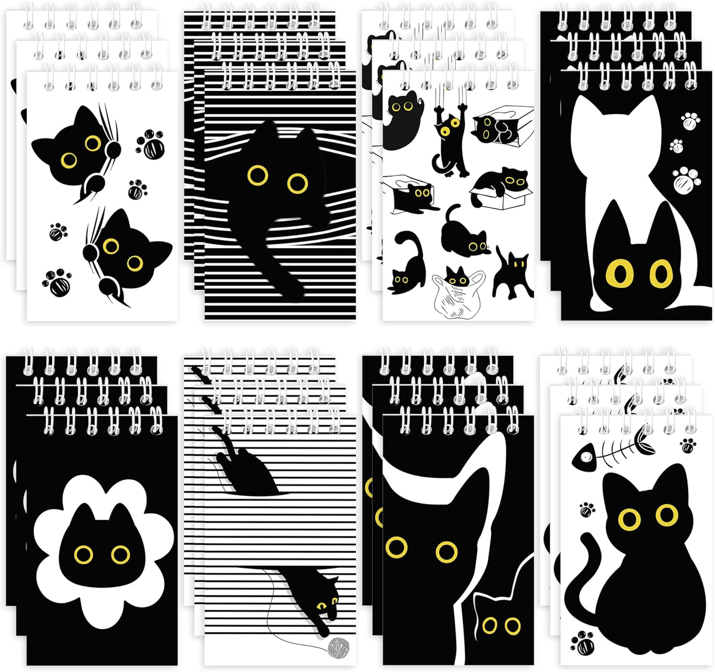 24Pcs Black Cat Mini Notepads Cute Cartoon Kitten Spiral Notebooks Funny Meme Pet Kitty Pocket Journals Memo Pads for Birthday Party Gift Goodie Bag Stuffers School Classroom Rewards, 8 Designs