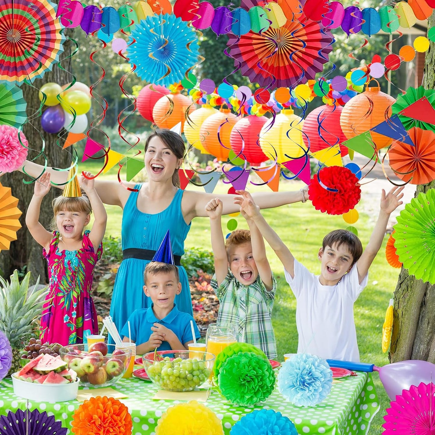 LRCXL 12PCS Party Hanging Paper Fans Set, Fiesta Round Pattern Paper Garlands Decoration Party Supplies for New Year Baby Shower Birthday Wedding Graduation Events Accessories(Yellow)
