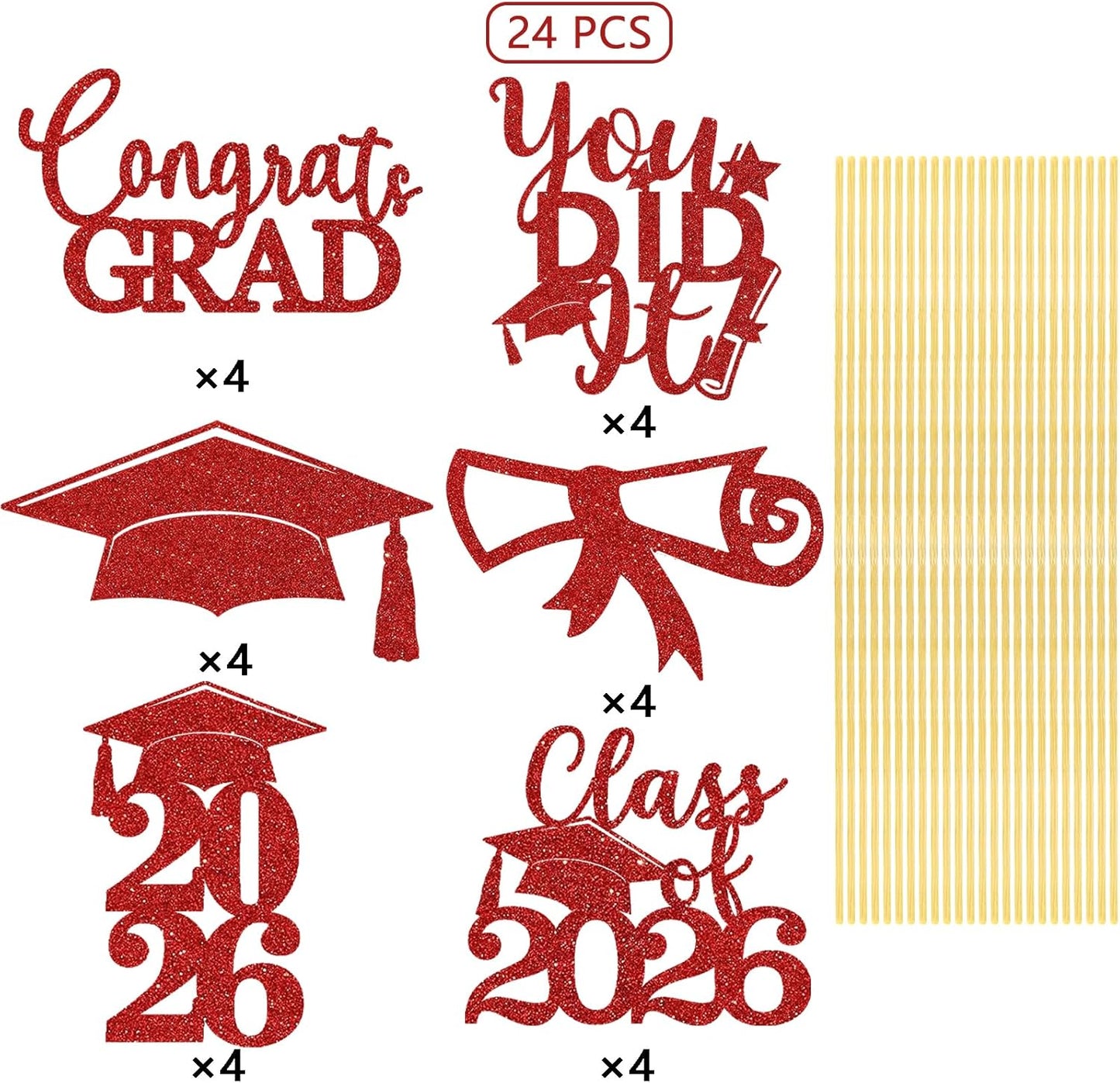Graduation Centerpiece Sticks 24PCS Glitter Grad Picks Party Table Decor Senior High School College Sign Gold