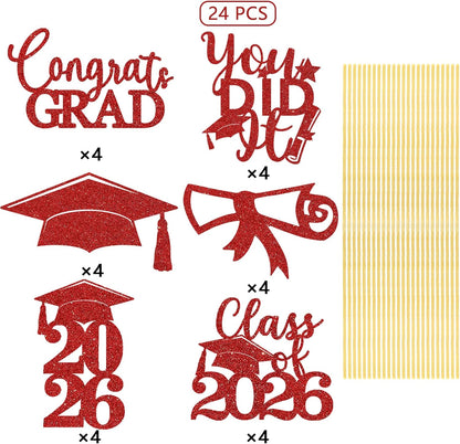 Graduation Centerpiece Sticks 24PCS Glitter Grad Picks Party Table Decor Senior High School College Sign Gold