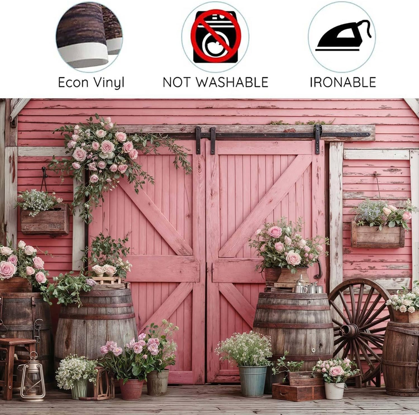 10x8ft Country Wedding Photography Backdrop Rustic Barn Door Photography Backdrop Farmhouse Pink Flower Cabin Wooden Birthday Baby Shower Wedding Bridal Party Banner Photo Booth Props Background