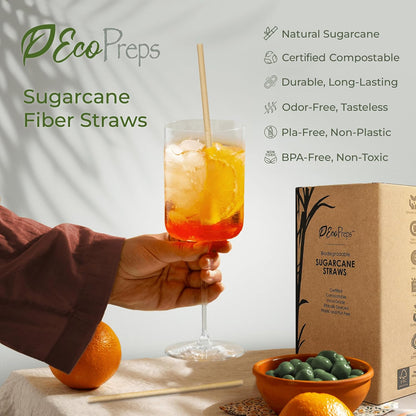 EcoPreps Biodegradable Sugarcane Straws | 150 Count, 100% Compostable, Plastic-Free, & Eco-Friendly Drinking Straw | 7.8'' Sugar Fiber Disposable Straws, Smoothie Straw for Home, Restaurant, Parties