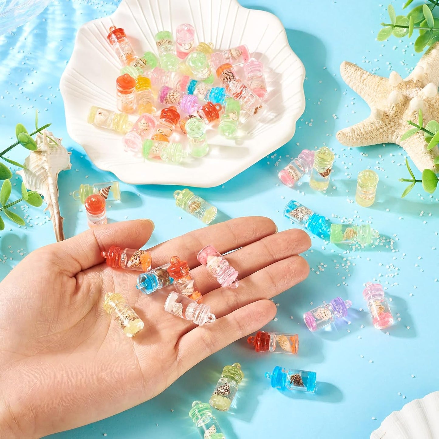 FASHEWELRY 50Pcs Glow in the Dark Resin Wishing Bottle Charms Mystery Jewelry Jar for Glow Bracelets and Necklaces Shell Mini Fairy Dust Necklace Charms for Keychain Earring