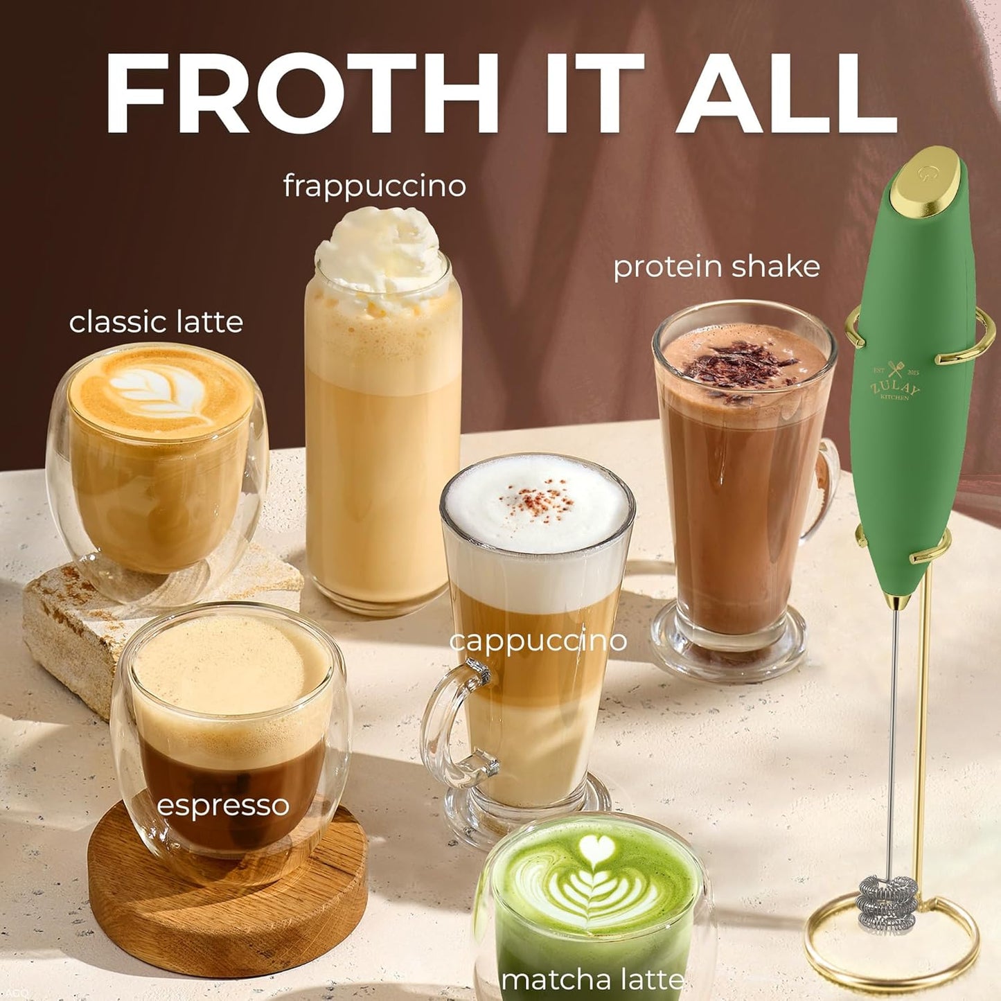 Zulay Kitchen Powerful Milk Frother Wand With Duracell Batteries - Ultra Fast Handheld Drink Mixer - Electric Whisk Foam Maker for Coffee, Lattes, Cappuccino & Matcha - Z1 Motor - Black - Colors D