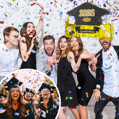 2026 Graduation Piñata with Stick,Blindfold,Confetti - 15.8 Inch Congrats Grad Cap Piñata Yellow End of Year Piñata Party Decoration for Kindergarten School Elementary College Games (Style 2)