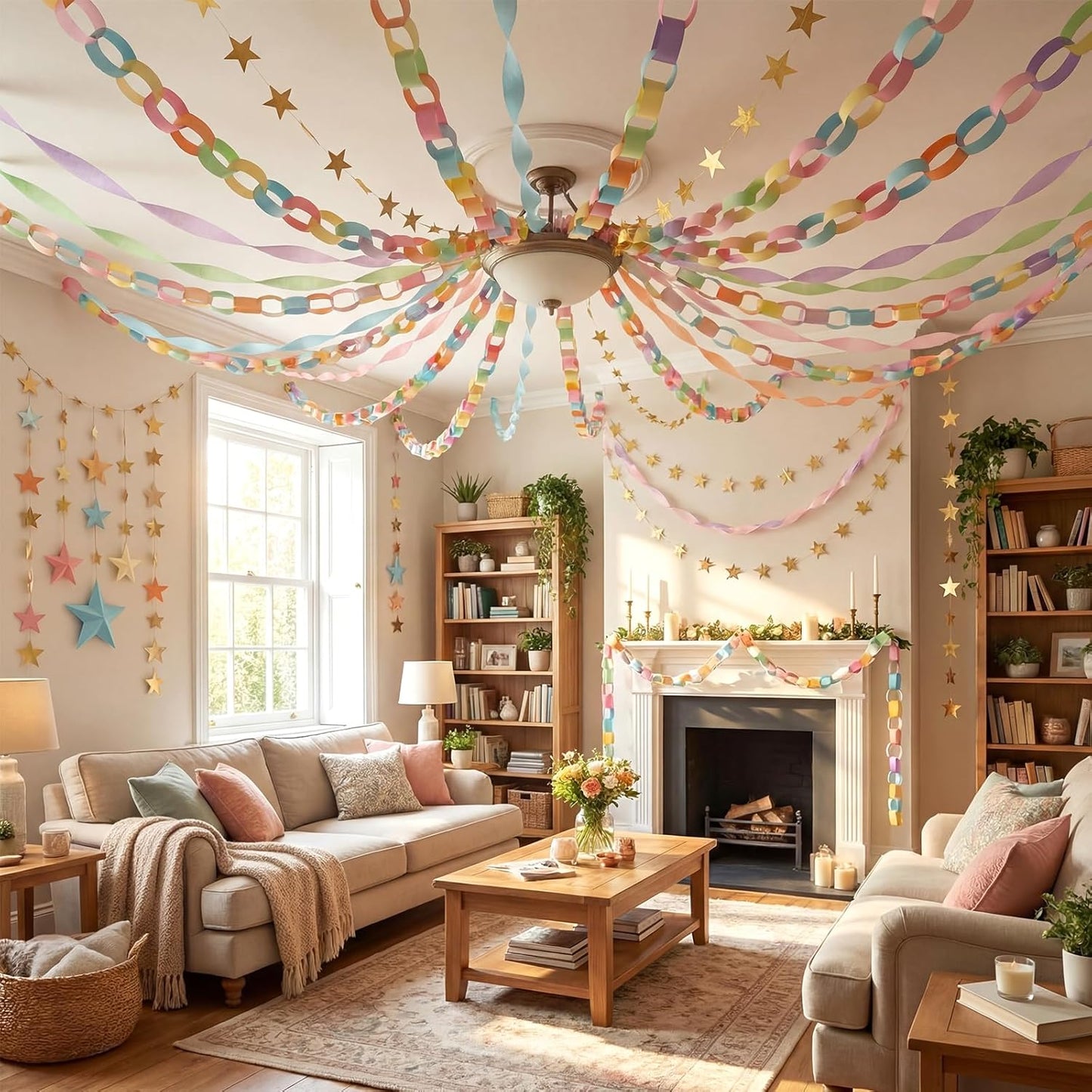 TaoBary Decorations Crepe Streamers Sheet Paper Strips Chain Garland Star Hanging for Party Birthday Wedding Decor(600,Pastels,Same Size)