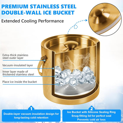 Ice Bucket, Ice Bucket with Silicone Sealing Ring Double-Wall Vacuum Insulation Champagne Buckets with Filter Layer Ice Tongs Ice Scoop (Gold, 3 L)