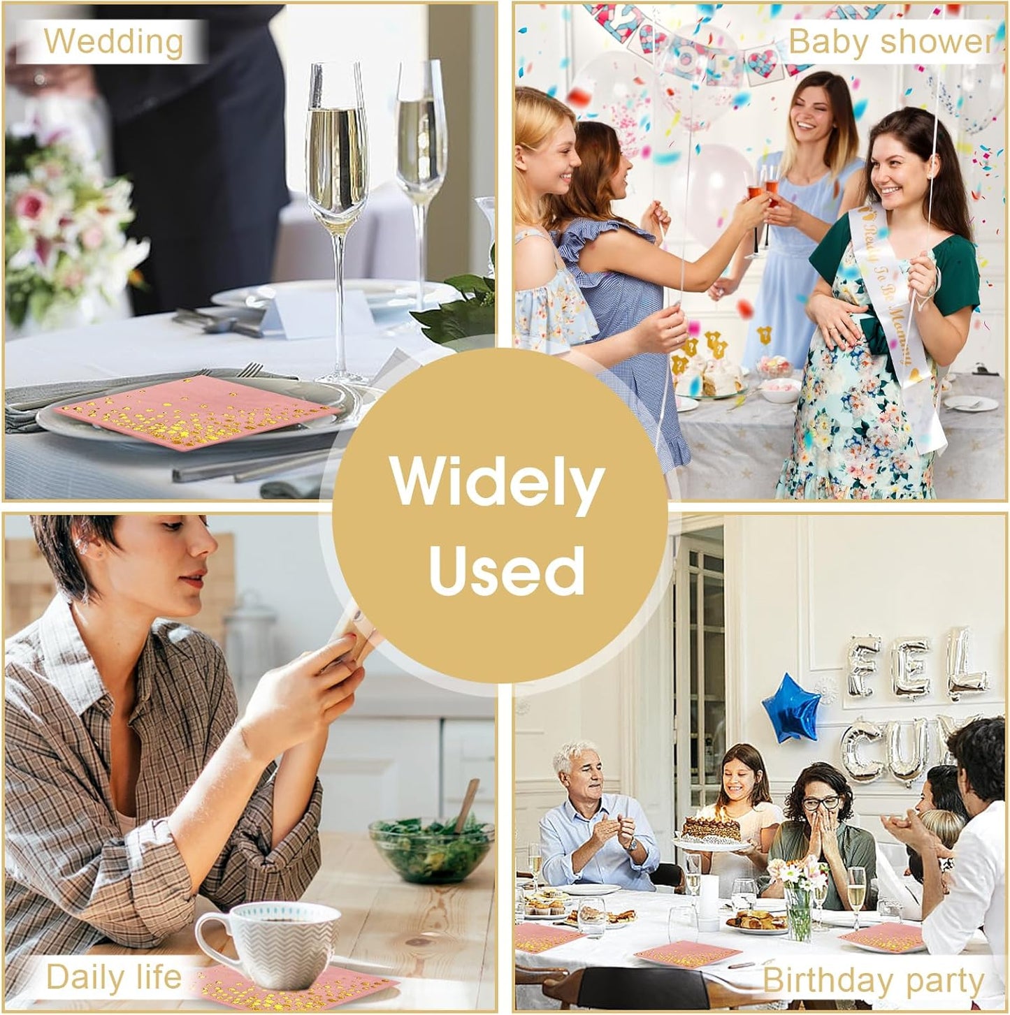 100 Pcs Gold Cocktail Napkins, 3-Ply Party Paper Napkins, 5 x 5 Inches Bar Napkin Disaposable for Weddings, Birthdays, Baby Showers, Anniversaries, and Cocktail Parties (White)