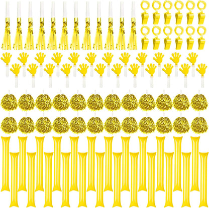 Yunsailing 96 Pcs Homecoming Noisemakers Team Spirit Accessories for Game Day Include Hand Clappers Cheerleading Pom Pom Thunder Stick Cheer Party Blower Plastic Whistle for Sport Fans(Gold)