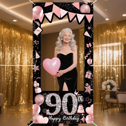 Pink 80th Birthday Neon Photography Banner Backdrop Glow Party Disco Dance Neon Theme Birthday Banner Photo Frame Props Props Selfie Background Face Cutout Photo Props Decoration
