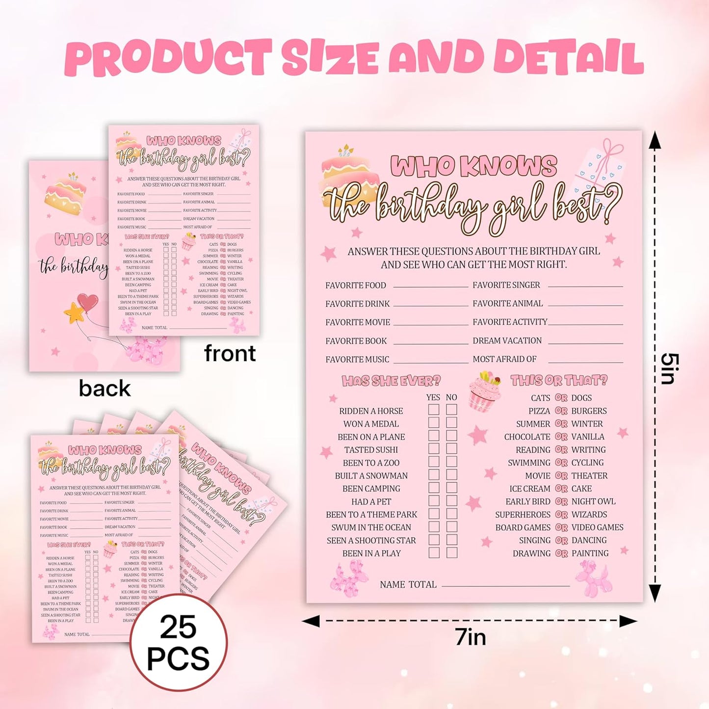 Birthday Party Games, Who Knows The Birthday Girl Best, 25 Pcs Double-Sided Fill-in Card Set for Guests, Fun Birthday Game for Teen Adults – A09