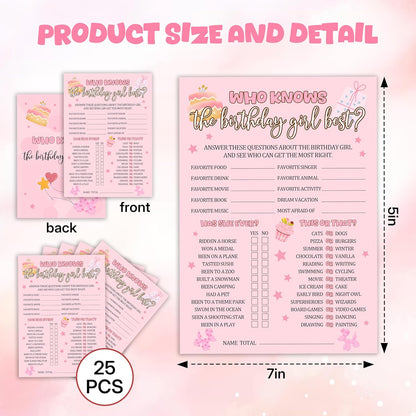 Birthday Party Games, Who Knows The Birthday Girl Best, 25 Pcs Double-Sided Fill-in Card Set for Guests, Fun Birthday Game for Teen Adults – A09