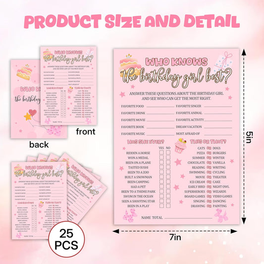 Birthday Party Games, Who Knows The Birthday Girl Best, 25 Pcs Double-Sided Fill-in Card Set for Guests, Fun Birthday Game for Teen Adults – A09
