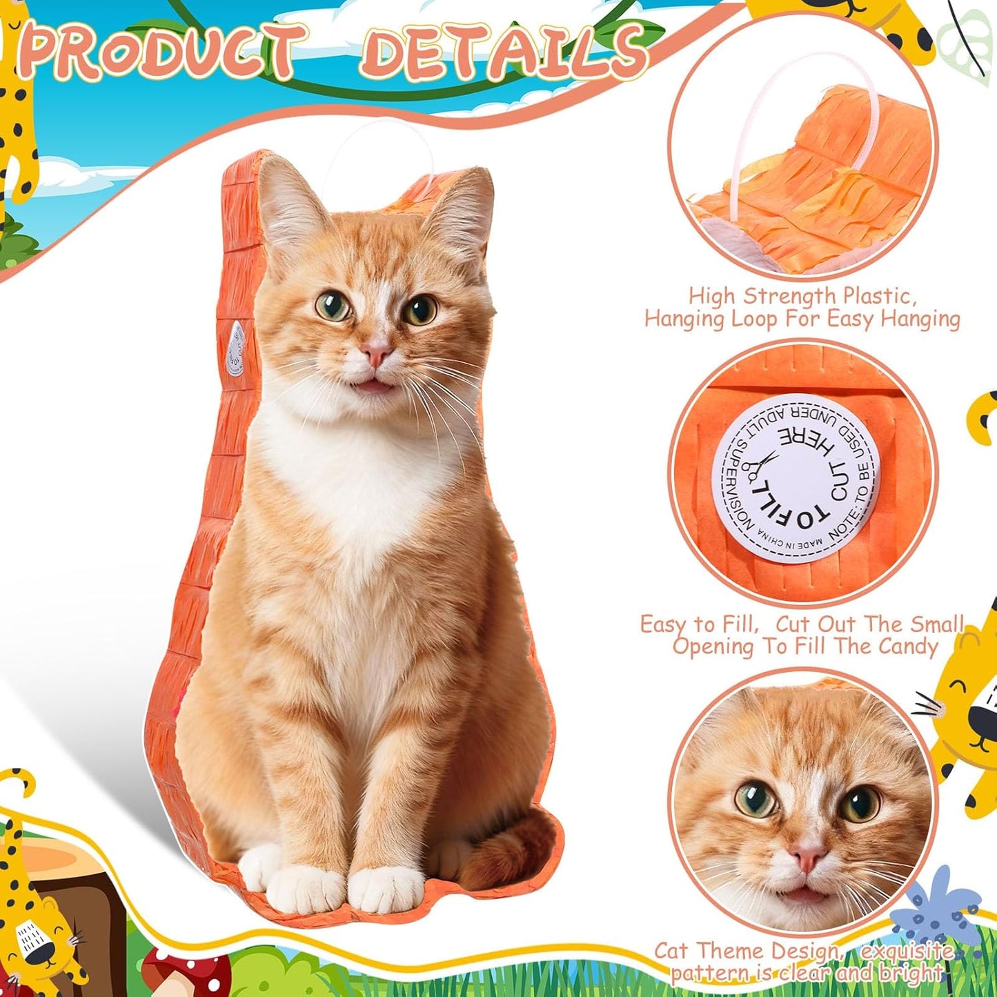 Sotiff Cat Piñata, Cat Party Piñata Game Set, Kitten Theme Piñata Pet Birthday Decoration with Bat Stick Blindfold Mask for Kitten Theme Pet Birthday Party Piñata Decoration Supplies(Orange)