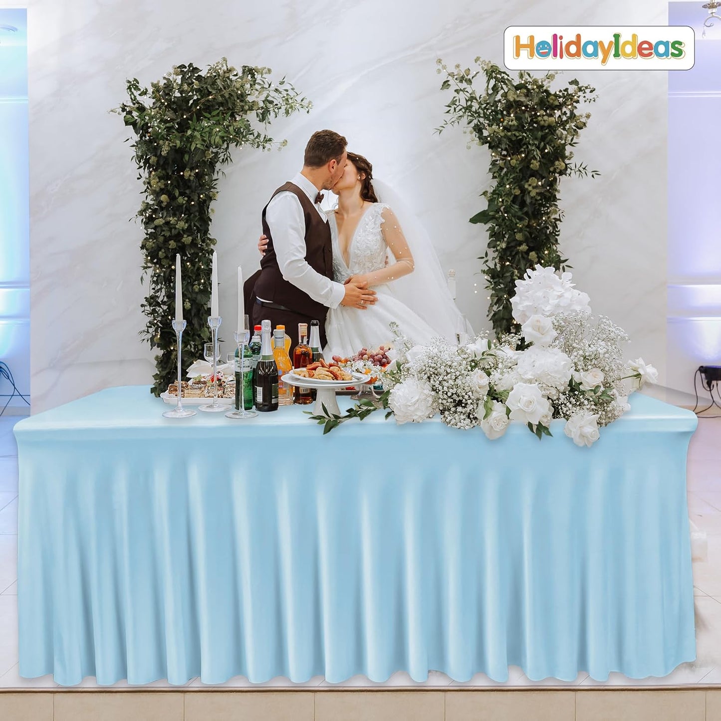 HolidayIdeas 2 Pack Spandex Table Skirt for 6 Ft Rectangle Tables, Black Fitted Stretch Tablecloth 30 x 72 Inch, Wrinkle Resistant Ruffle Design for Wedding Banquets, Trade Shows, Parties