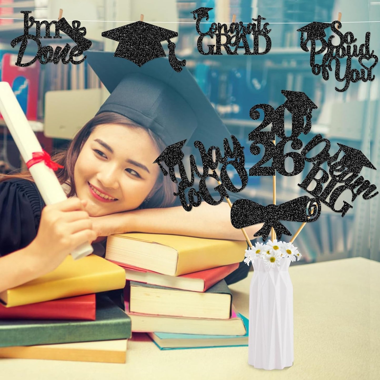 24Pcs Graduation Centerpieces for Tables: 2026 Graduation Centerpiece Sticks Class of 2026 for Grad Table Decorations Congrats Decorations (Black)