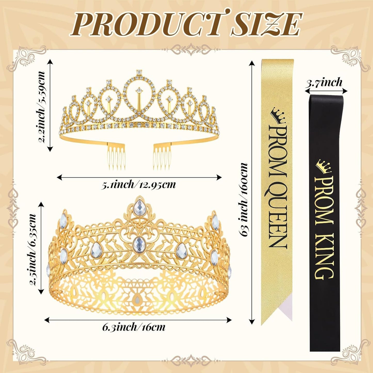 Lyrow 4 Pcs Prom King and Queen Crown Set, Prom King Crown with Sash for Graduation, Queen Tiara with Sash for Grad Couple Accessories Homecoming Birthday Party(Cute,Black,White)