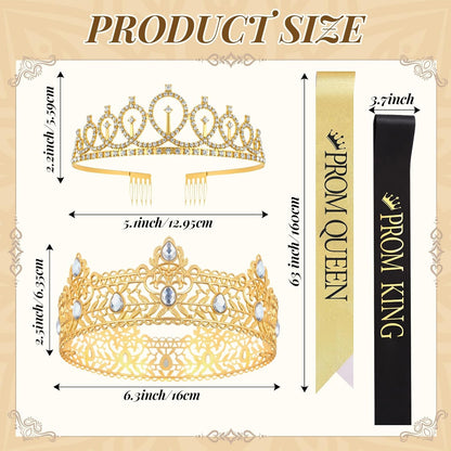 Lyrow 4 Pcs Prom King and Queen Crown Set, Prom King Crown with Sash for Graduation, Queen Tiara with Sash for Grad Couple Accessories Homecoming Birthday Party(Cute,Black,White)