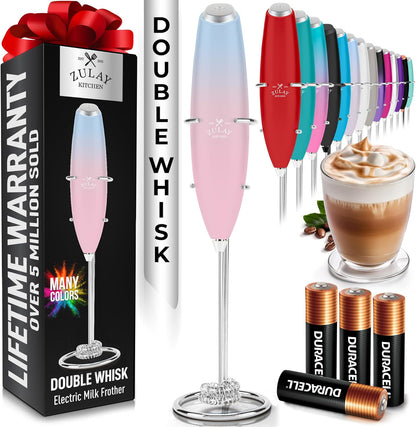 Zulay Kitchen Powerful Milk Frother Wand With Duracell Batteries - Ultra Fast Handheld Drink Mixer - Electric Whisk Foam Maker for Coffee, Lattes, Cappuccino & Matcha - Z1 Motor - Black - Colors A