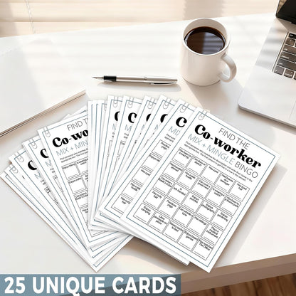 Team Building Games for Work Adults – Find Someone Who Bingo Game, 25 Unique Human Bingo Cards 5x7 Inch, Ice Breaker & Office Games for Parties, Meetings & Events - A05