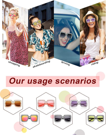 Frienda 6 Pairs Rhinestone Oversized Square Sunglasses 70s Women Dazzled Sunglasses for Disco Party Concert Photo Props