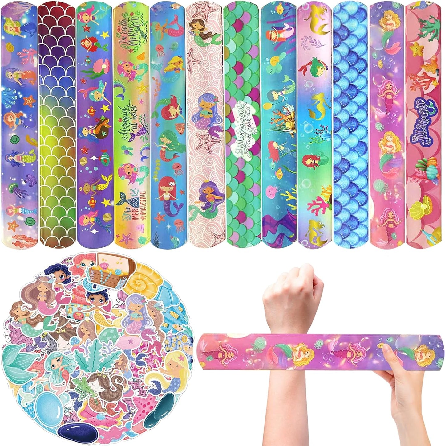 74PCS Mermaid Party Favor 50PCS Mermaid Party Stickers&24PCS Slap Bracelets Birthday Supplies Team Gift Filler