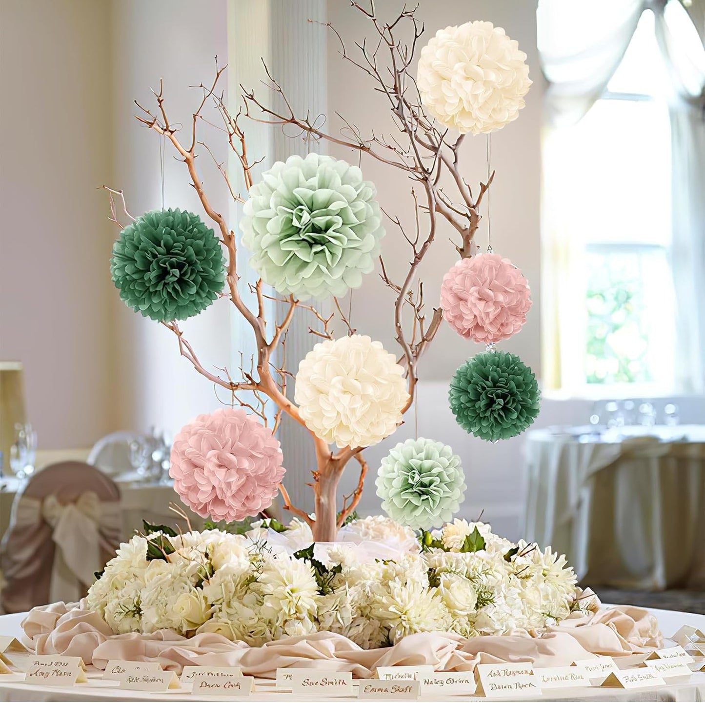 Tissue Paper Pom Poms - 23 PCS Dusty Blue Paper Flowers Pom Pom Kit Circle Dot Party Banner Hanging Swirl Party Decorations for Wedding Birthday Baby Shower Bridal Shower Tea Party