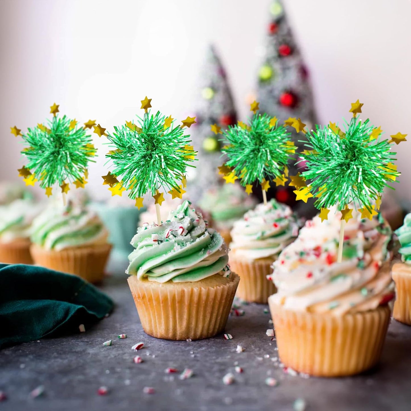 Ephlyn 30Pcs Foil Firework Cupcake Toppers Sparkle Tinsel Cupcake Picks Drink Stirrers Cocktail Food Fruit Toothpicks for Baby Shower Graduation Party Supplies White