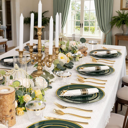 350 Pieces Black and Gold Plastic Plates with Disposable Silverware, Include 50 Dinner Plates 9”, 50 Dessert Plates 6.3”, 50 Black Cups 9 OZ, 50 Pre Rolled Napkins for Wedding Party Graduation