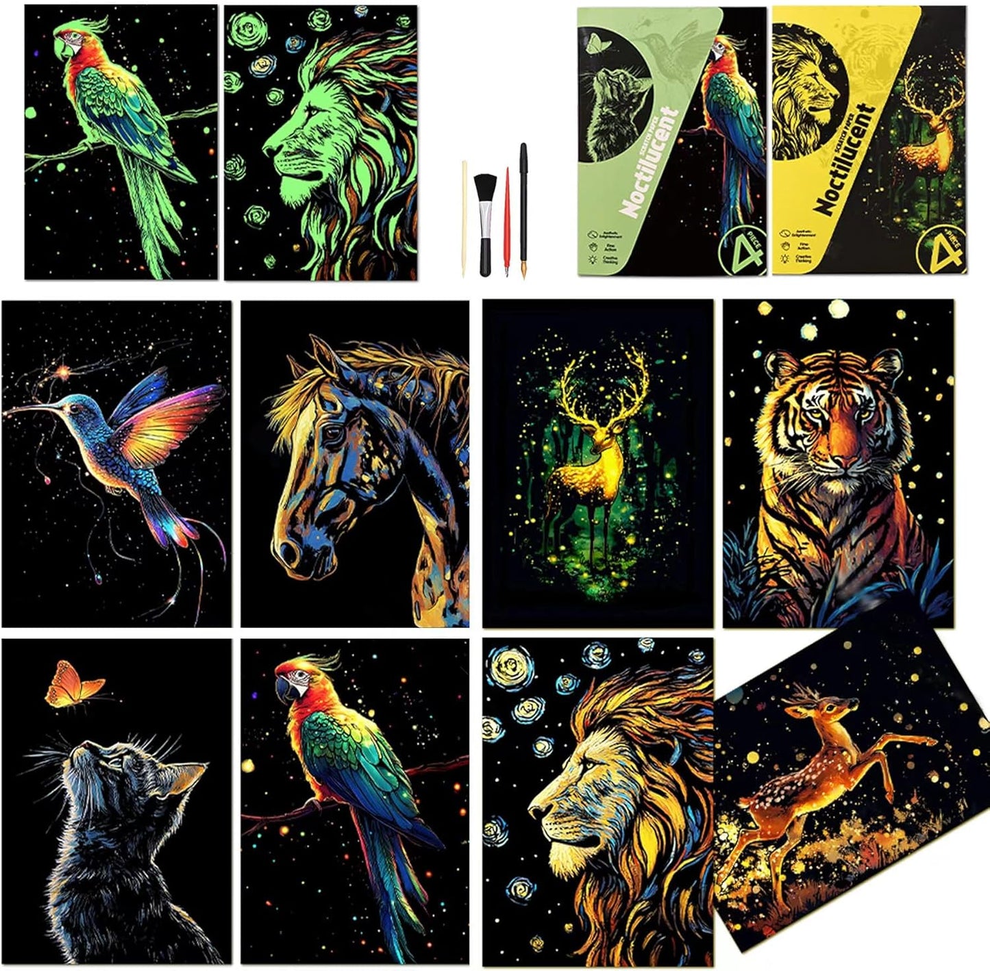 Scratchboard Art for Adult Luminous Scratch Painting Kits, A5 Scratch Art Rainbow Painting Paper 8 Sheet with 4 Tools, Scratchboard for Teens & Adults, Fun Creative Craft Toy/Gifts/Decor, Dreams