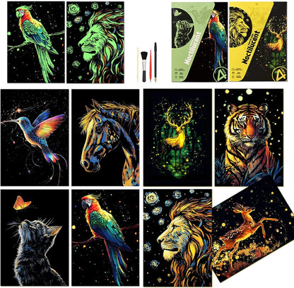 Scratchboard Art for Adult Luminous Scratch Painting Kits, A5 Scratch Art Rainbow Painting Paper 8 Sheet with 4 Tools, Scratchboard for Teens & Adults, Fun Creative Craft Toy/Gifts/Decor, Dreams