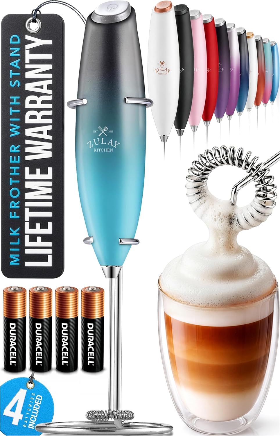 Zulay Kitchen Powerful Milk Frother Wand With Duracell Batteries - Ultra Fast Handheld Drink Mixer - Electric Whisk Foam Maker for Coffee, Lattes, Cappuccino & Matcha - Z1 Motor - Black - Colors A