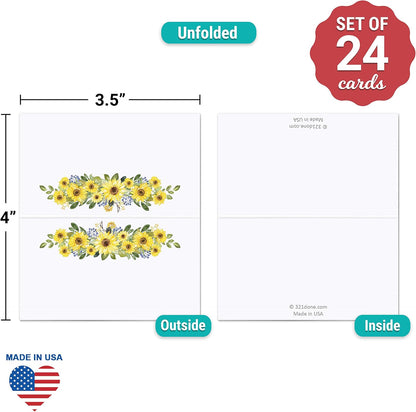 321Done Sunflower Floral Place Cards for Table Setting - Set of 24 Blank Name Cards, Seating Chart & Placecard for Wedding Reception, Dinner Party, Buffet & Calligraphy - 3.5x2, White, Made in USA
