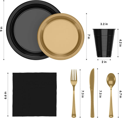 350 Pcs Black Plastic Plates For Party, Black Disposable Plates Set, 50 Of Each 9" Dinner Plate Set, 7" Dessert Plate, Cups, Napkins & Cutlery Plastic Dinnerware Set Exquisite