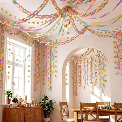 TaoBary Decorations Crepe Streamers Sheet Paper Strips Chain Garland Star Hanging for Party Birthday Wedding Decor(600,Pastels,Same Size)