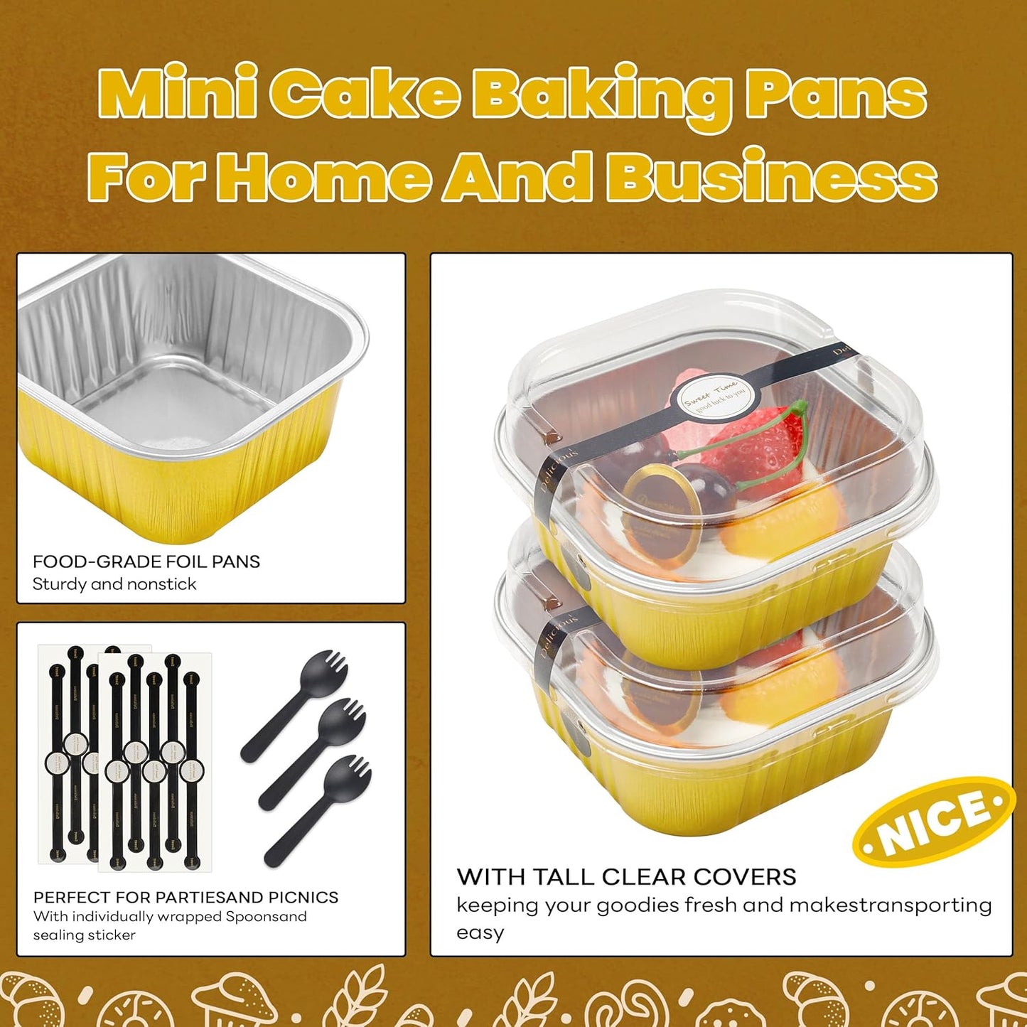 NPLUX 50 Pcs Mini Cake Pans with Lids and Spoons Aluminum Foil Mini Square Baking Cups with Lids Disposable Ramekins Cake Pans Dessert Cups for Wedding Mothers Day Gifts Party Favors(Pink,5oz)