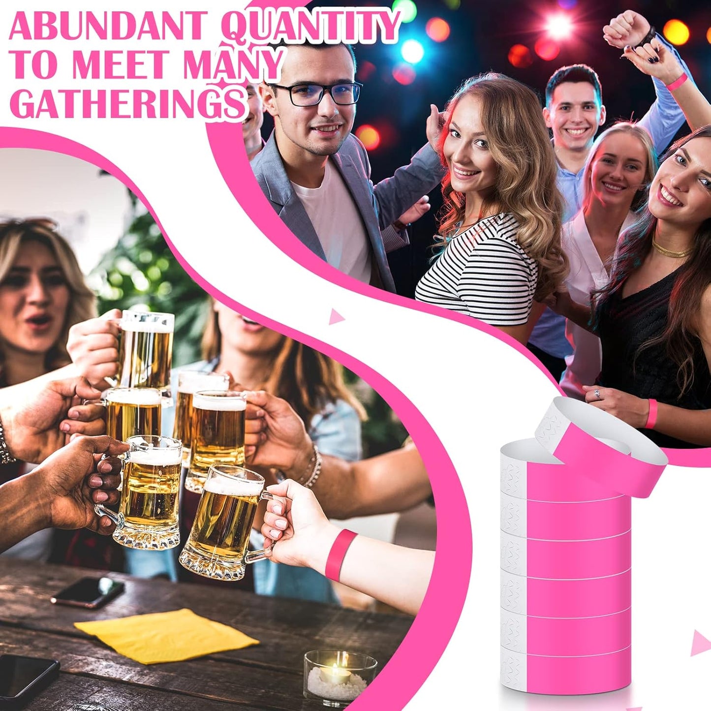 Tudomro 300 Pieces Paper Wristbands for Events Waterproof Neon Bracelets Concert Identification Wristbands Hand Bands Events Adhesive Bracelets for Party(Pink)